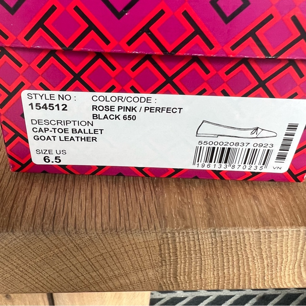 Tory Burch Cap-Toe Black and Pink Ballet Flats with Bow - Picture 5 of 5